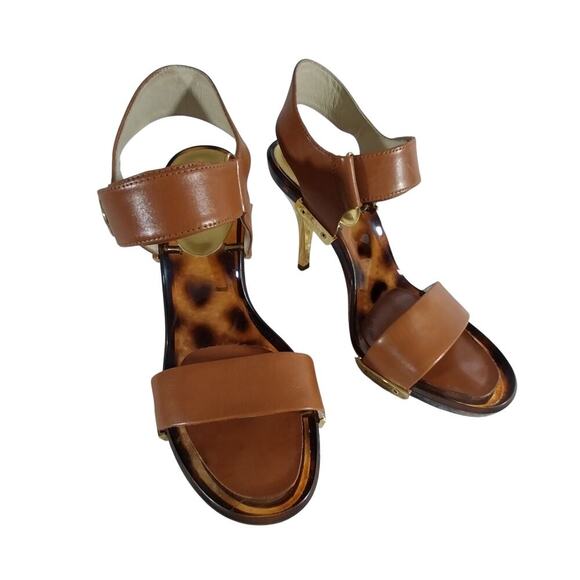 MICHAEL KORS! PECAN BROWN GENUINE LEATHER W/GOLD, TORTIE SOLE SANDALS! SZ 6.5M - Picture 1 of 8